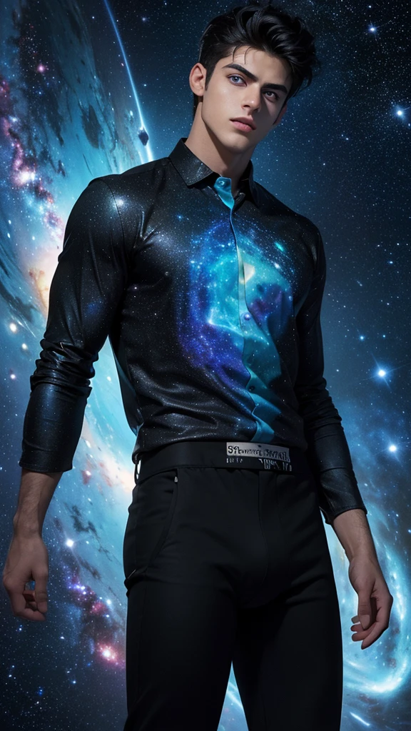 (masterpiece, high resolution, detailed:1.3), a mesmerizing depiction of a (strikingly handsome young man:1.5, (face: Matthew Daddario)) donning (cosmic print shirt and black pants, bulge:1.5), gorgeous, beautiful, LED internal lighting, glowing blue iris, muscular, standing against the backdrop of the vast and mysterious cosmos, breathtaking grandeur, best quality, masterpiece, His (toned physique:1.5) is bathed in the soft glow of distant stars, creating an otherworldly aura. As he sexually gazes out into the depths of space, his (intense blue eyes:1.2) reflect the wonder and curiosity of his cosmic journey. The intricate details of his attire and the (subtle gleam:1.2) on his skin are meticulously captured, lending an air of realism to the scene. The celestial expanse behind him is a tapestry of (nebulous formations:1.2), (dazzling galaxies:1.2), and (shooting stars:1.2), a breathtaking testament to the beauty of the universe. This artwork melds the allure of a beautiful man with the awe-inspiring vastness of space, evoking a sense of both intimacy and grandeur.