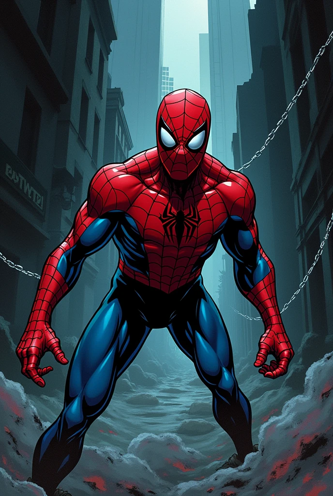 Create a cover for a Spider-Man comic in the classic outfit so that it looks like a dark story, the costume must be from the 1994 spiderman, make it more cartoonish and dark