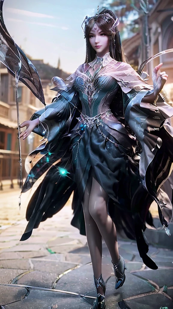 best quality,masterpiece,Ultra-high resolution,photoactual:4:0,black unicorn beast(Dragon head and tiger body),shiny scales(1:0),an oriental woman,Black single ponytail long hair shawl,Big breasts,Black dragon scale head style,Wear a black unicorn skirt,