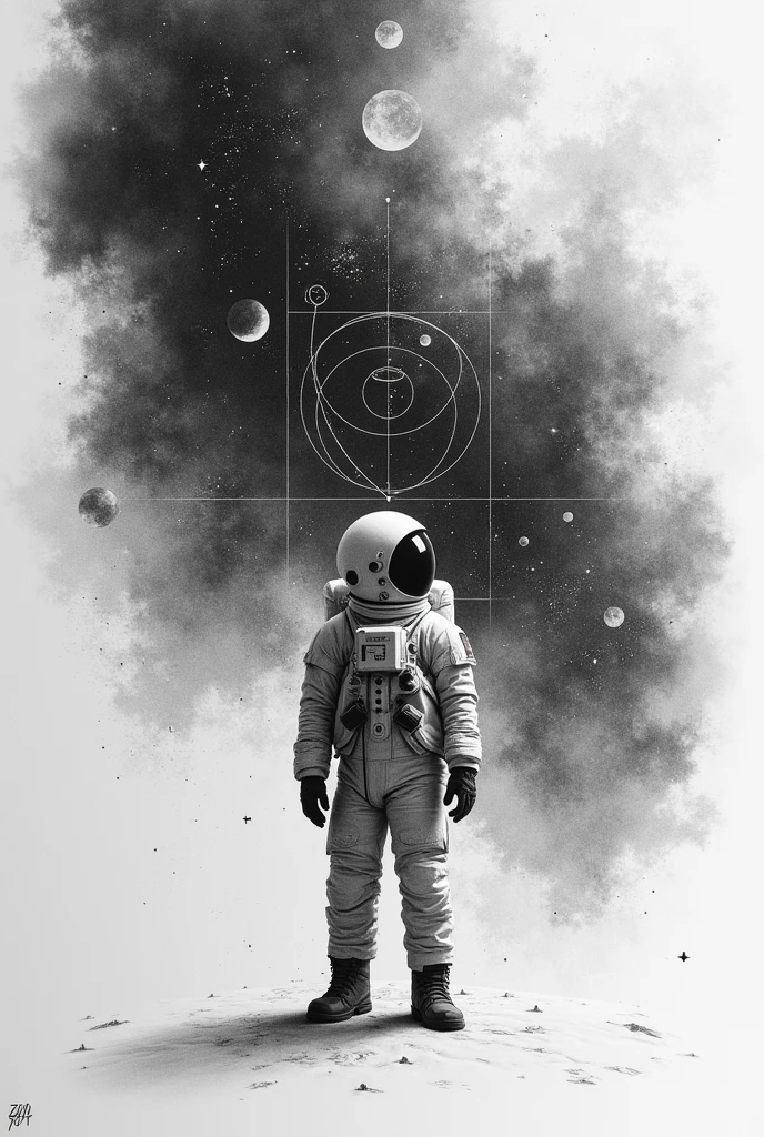 Black and white drawing like pencil sketch with astronaut in galaxy. Also add elements of philosophy (creation of man) and mathematics