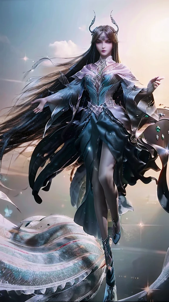 best quality,masterpiece,Ultra-high resolution,photoactual:4:0,black unicorn beast(Dragon head and tiger body),shiny scales(1:0),an oriental woman,Black single ponytail long hair shawl,Big breasts,Black dragon scale head style,Wear a black unicorn skirt,