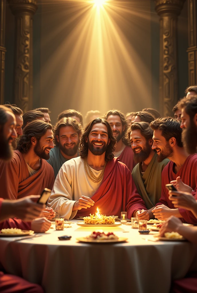 Selfie of a beautiful smiling Jesus showing the 12 apostles celebrating Jesus' birthday in the image of the last supper taking a selfie