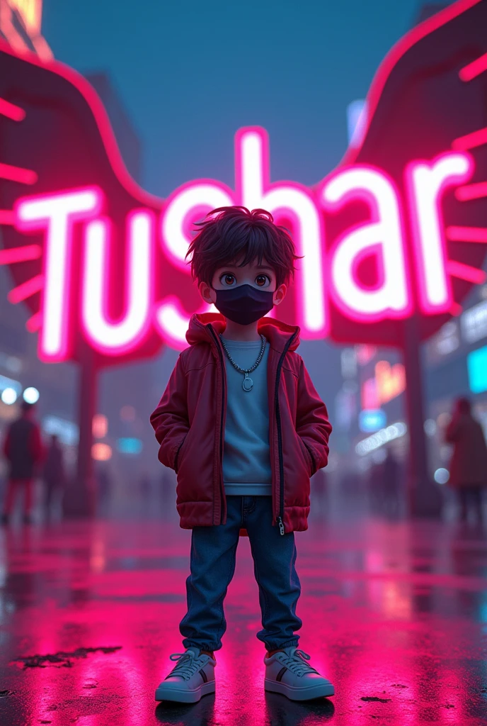 
Tushar Text with neon lights and  young handsome boy with mask and shoush 
with nice looking standing down of Tushar letter with big wings looks like Anime 