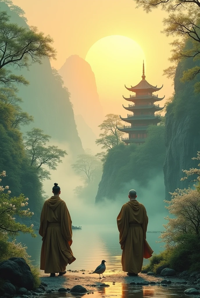 Han Dynasty Temple,Two Taoists walking in the mountains,Practice Zen,pagoda,Grassy,Tree,Floral scent,This bird,autumn,Sunset,(Chinese landscape painting),(Ink Painting),(8k wallpaper),(Light and shadow effects),Octane Rendering,White balance design,Extremely detailed picture depiction,Wide Angle,Depth of Field,masterpiece,Realistically,Beautifully depicted,detailed,Acura,masterpiece,masterpiece