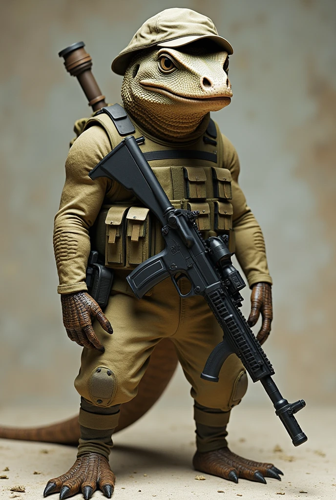 A lizard wearing a tactical hat and rifle in a khaki uniform, Khaki colored vest, black belt and without wearing a backpack