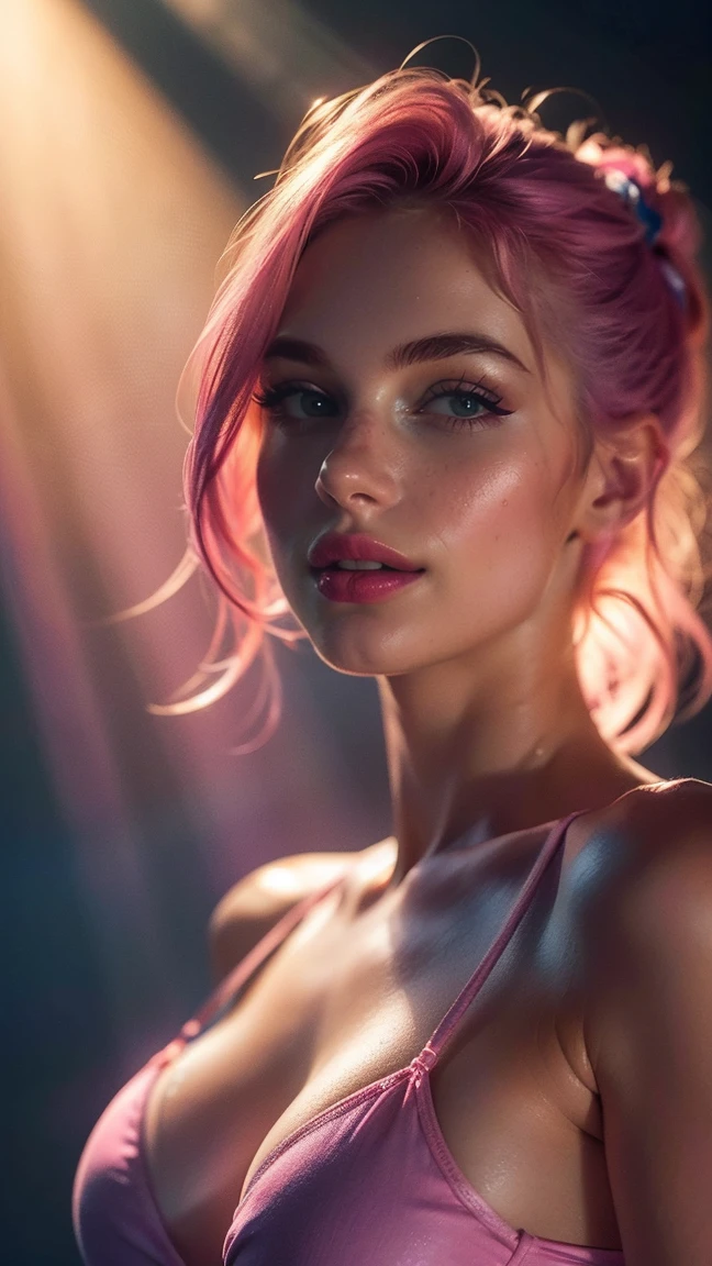 (((ultra realistic))) Photo, masterpiece, top quality, (pale skin), (Ultra detailed face and eyes:1.3), 1 girl, Adult, in a T-shirt, ((Eye makeup, pink mascara)), ((smile)), ((large detailed lips)), ((Pink bikini top)), ((Chyolka)) , (Natural round breasts), Slim waist. ((Posing)), photoshoot, studio (soft lighting), (The play of light and shadows), depth of field, bokeh, (special attention to skin detail: 1.2), Detailed leather texture, skin pores. (Warm atmosphere of the frame. Color range - purple, Pink, blue tones), UDR, ((Film grain)), ((rays)), (Glare), ((waist up portrait)) , ultra detialed, 