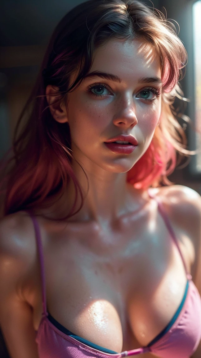 (((ultra realistic))) Photo, masterpiece, top quality, (pale skin), (Ultra detailed face and eyes:1.3), 1 girl, Adult, in a T-shirt, ((Eye makeup, pink mascara)), ((smile)), ((large detailed lips)), ((Pink bikini top)), ((Chyolka)) , (Natural round breasts), Slim waist. ((Posing)), photoshoot, studio (soft lighting), (The play of light and shadows), depth of field, bokeh, (special attention to skin detail: 1.2), Detailed leather texture, skin pores. (Warm atmosphere of the frame. Color range - purple, Pink, blue tones), UDR, ((Film grain)), ((rays)), (Glare), ((waist up portrait)) , ultra detialed,