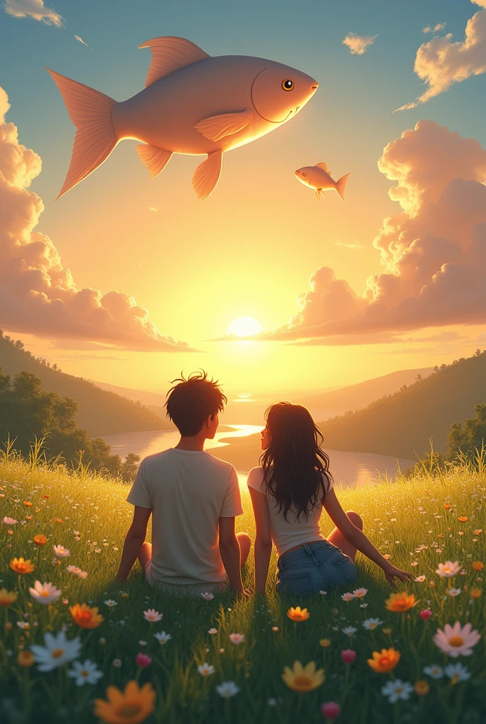 Create an image A couple is lying in a meadow, enjoying the sunset and the clouds that form a fish pattern in the sky.
