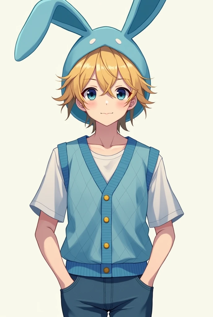 Create an anime male image. He has light skin, black eyes, wears a sky blue bunny hat, has fluffy blonde hair, wears a blue diamond-patterned vest and denim pants.