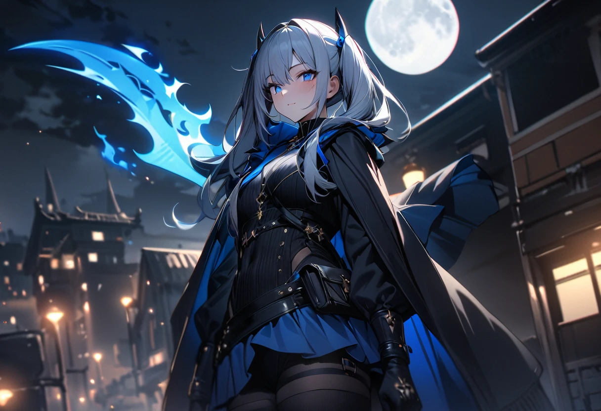 uhd, textured skin, high quality, high details, masterpiece, best quality, 1girl, grim Reaper, Twin tails, Black tattered cloak, mini skirt, (Big sickle, Carrying a sickle on his shoulder), A blue flame appears in his left eye, Blue effect on left eye, Sitting on top of a building, Moonlit Night, Cat Familiars, Beautiful digital artwork