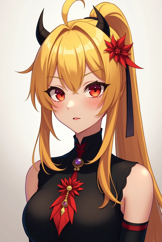Genshin character with bright blonde hair, straight, siren red orange eyes, two side bangs, straight long back ponytail, small devil horns in the bangs, red leaf with circle crystal accessories on the right head, little crested, black shirt with no arms, red golden necklace