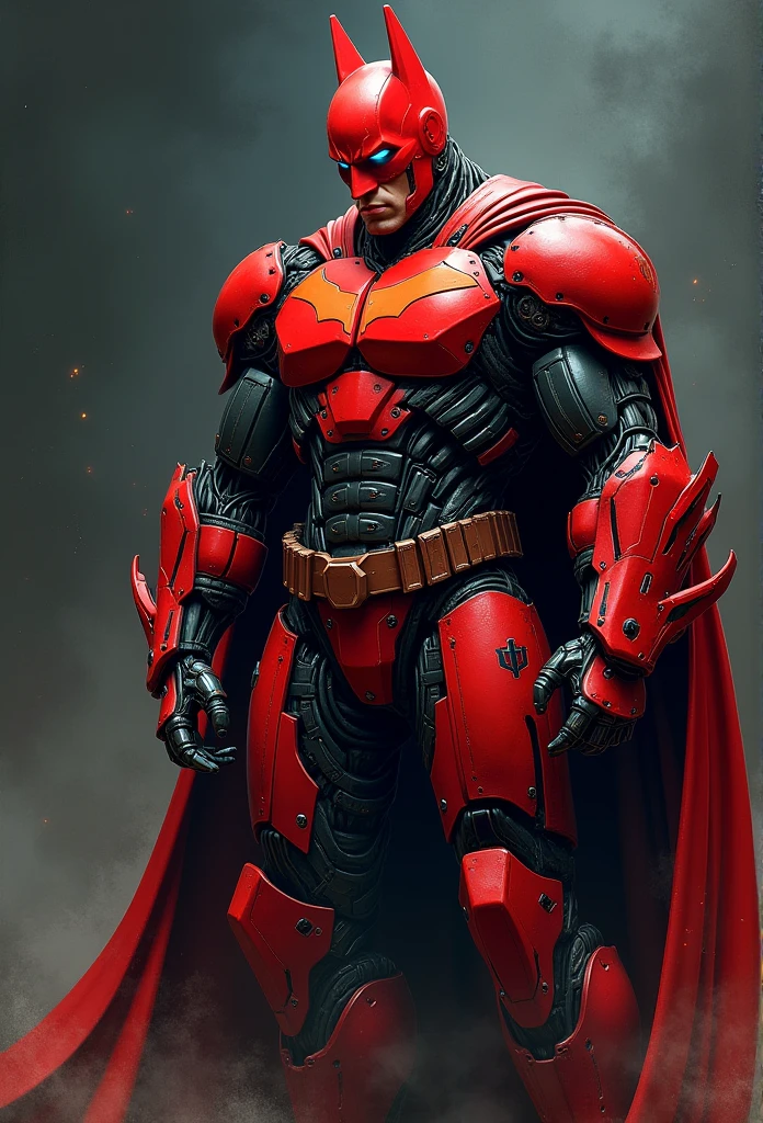 a Batman in cybernetic armor, ultra detaild, color red . ::n_ drawning, Imperfection, low quality, puppet, playset, アニメ, signature