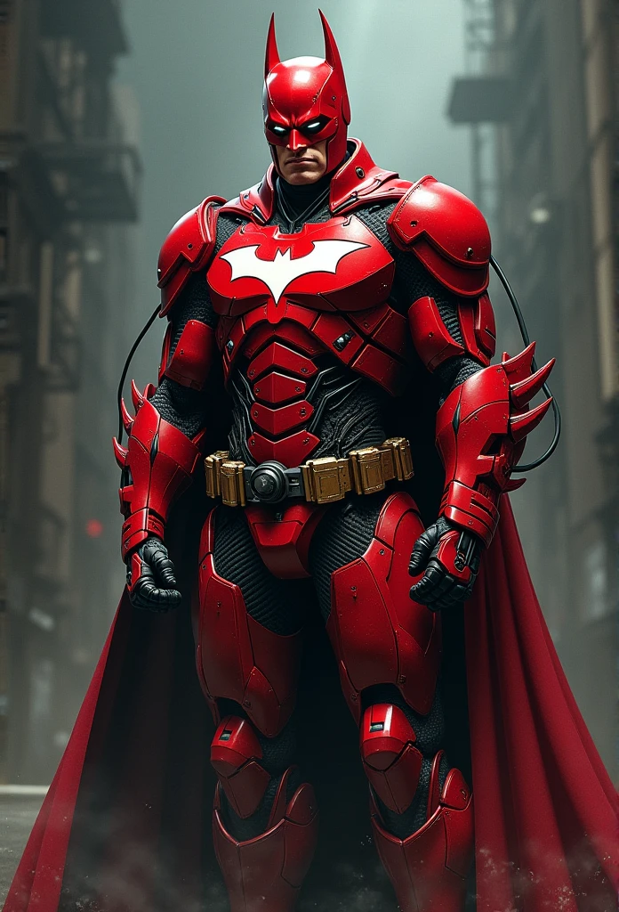a Batman in cybernetic armor, ultra detaild, color red . ::n_ drawning, Imperfection, low quality, puppet, playset, アニメ, signature