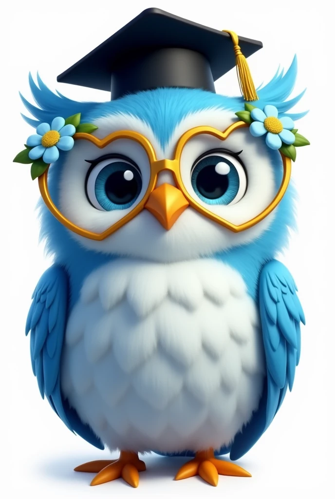 Disney Pixar style blue owl, golden glasses with delicate blue flowers and green leaves with heart shaped frames, blue eyes loving and happy, Grinning, with smooth feathers, fundo png, with graduation style teacher hat in black color