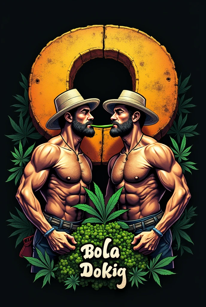 Create a logo that says bolo don co and that is inside a noticeable 8 , and there are 2 muscular men putting Bolivian coca leaves in their mouths and without a shirt and they are holding 2 bags of coca in their hands and it is a striking background and the men are wearing a farmer&#39;s hat 