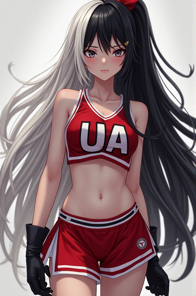 Akame Hito, Apariencia: cabello largo blanco con algunos mechones negros, piel palida, abdomen plano, pechos grandes, cintura, linda, pecas, la chica lleva el uniforme de porrista de la UA y tiene una cara molesta