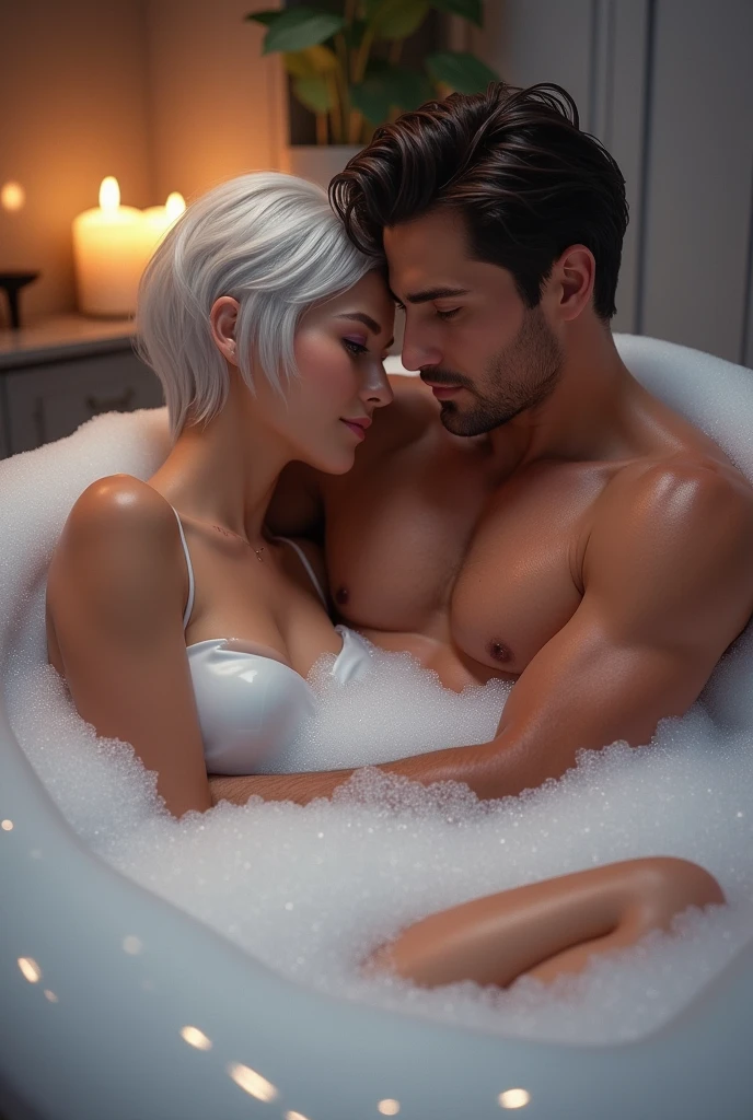 Casal tomando banho de espuma no banheiro, a mulher tem cabelos brancos e bem curtinhos e olhos cor de violeta e pele castanha clara, e o homem é forte e bonito de cabelos escuros
