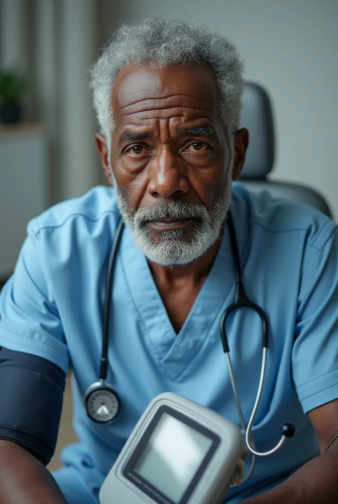 An image of a Hypertensive and diabetic patient of African origin with BP monitor and glucose monitor