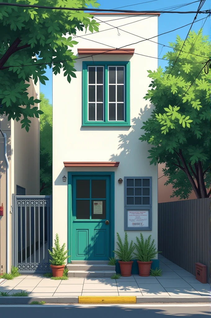 From the perspective of the non-paved, stony road you can see the sidewalk, a metal fence closed behind it. Behind it is a front garden with a small fruit tree in the corner. The white narrow, deep facade of the house has several wooden windows, whose frames are painted green