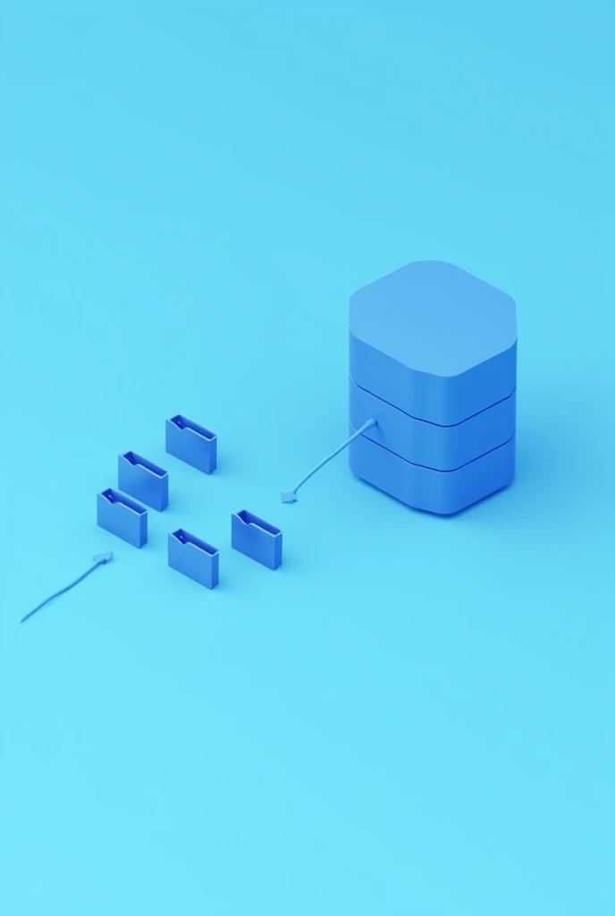 I want a simple 2d database icon pointing to 5 simple 2d file folder icons all colored blue in 2d