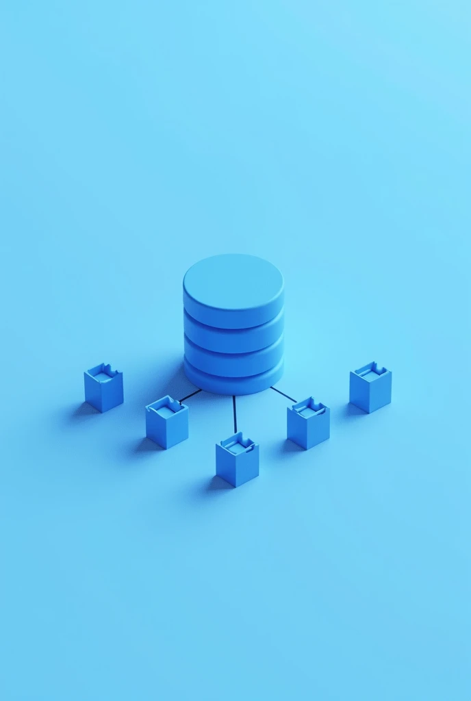 I want a simple 2d database icon pointing to 5 simple 2d file folder icons all colored blue in 2d