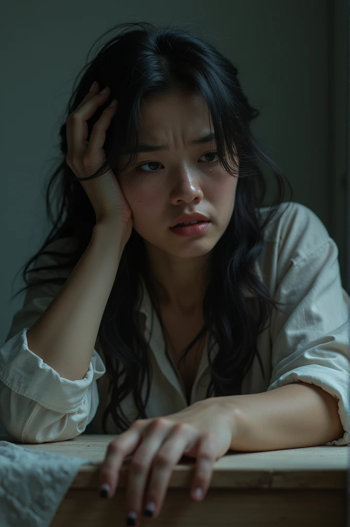 A woman emotionally on the verge of exhaustion 