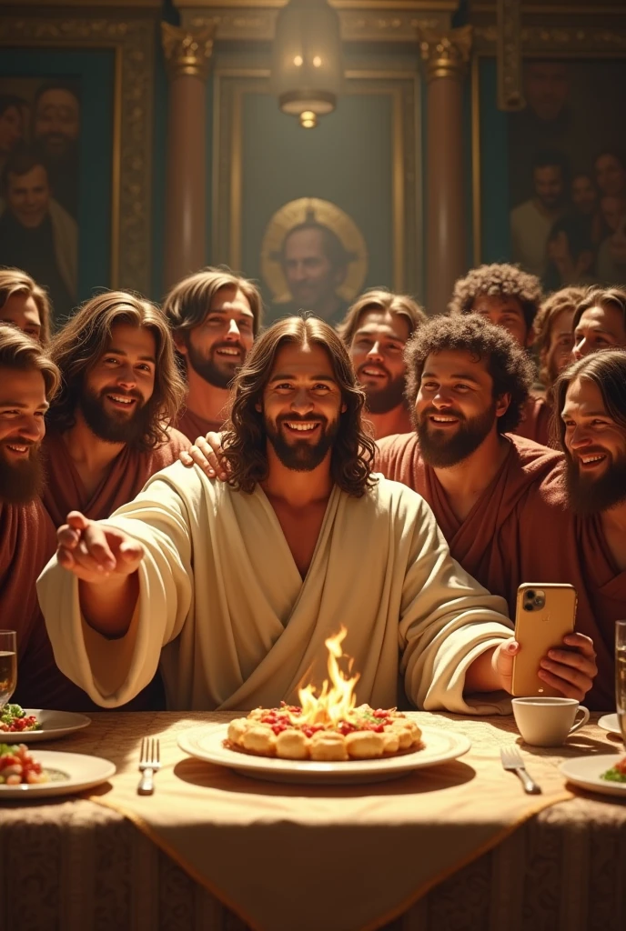 Selfie of a beautiful smiling Jesus showing the 12 apostles celebrating Jesus&#39; birthday in the image of the last supper taking a selfie