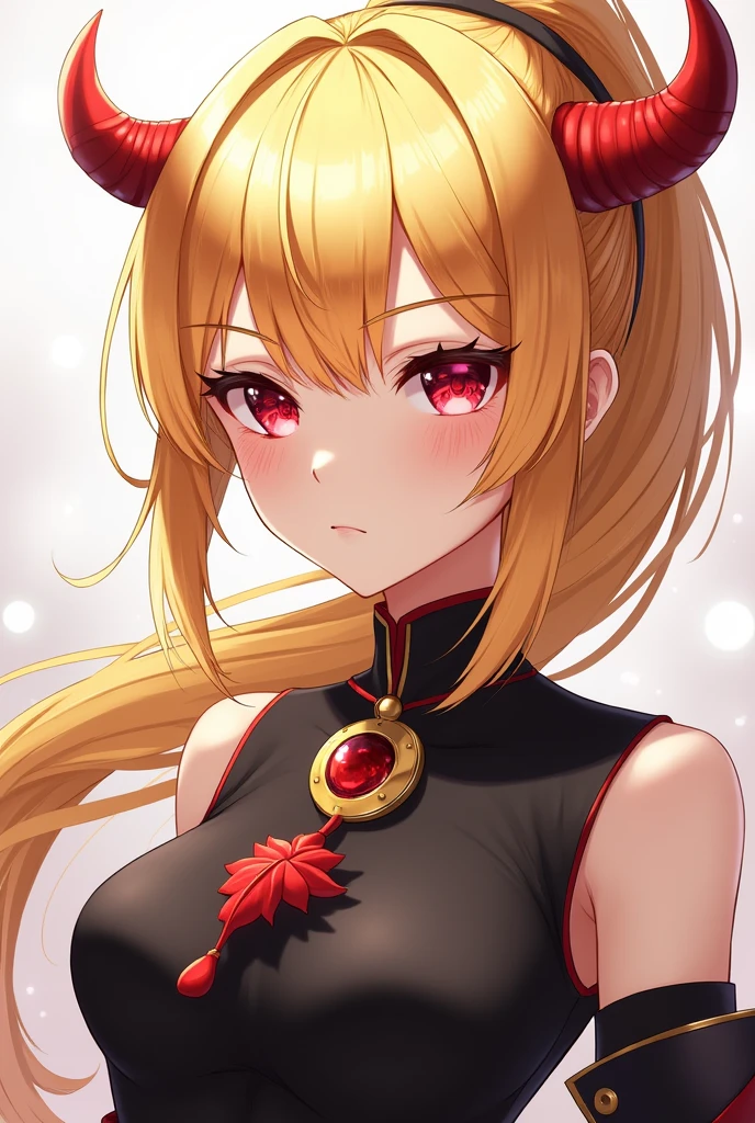 Genshin character with bright blonde hair, straight, siren red orange eyes, two side bangs, straight long back ponytail, small devil horns in the bangs, red leaf with circle crystal accessories on the right head, little crested, black shirt with no arms, red golden necklace