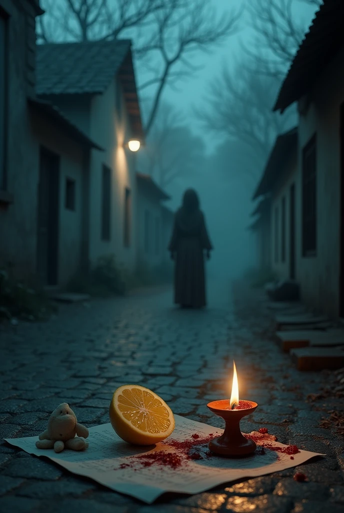 16:9 size image featuring a night-time scene in an old village at a crossroads. The scene includes a cut lemon with blood on it, a small dough doll, a ghee lamp, and an old paper in the middle of the path. Nearby, an old, dangerous-looking lady stands menacingly, adding to the eerie and unsettling atmosphere. I