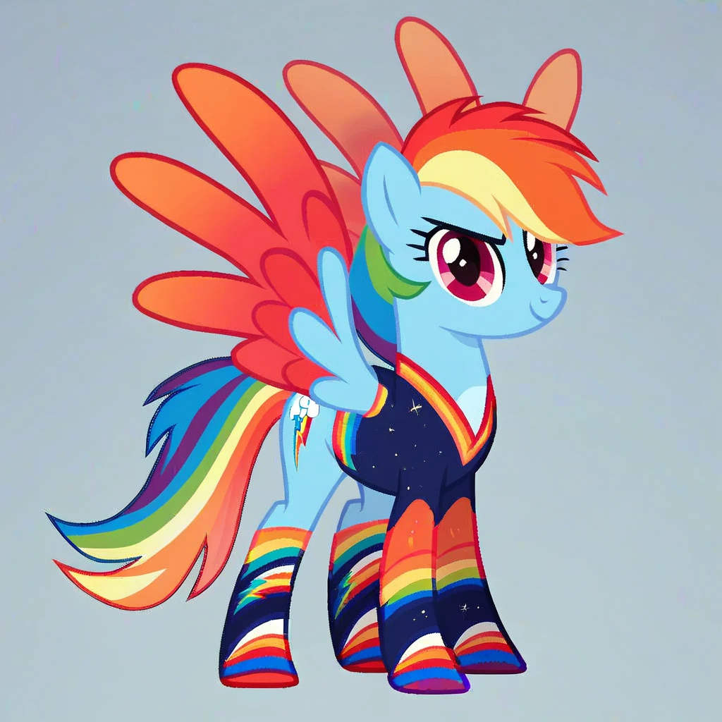 score_9, score_8_up, score_7_up, score_6_up, score_5_up, score_4_up, show accurate, full body, simple background, feral pony, female pony, pegasus, beautiful redesign of Rainbow Dash, outfit, acessories