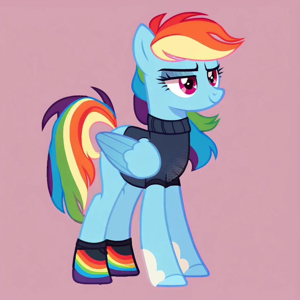 score_9, score_8_up, score_7_up, score_6_up, score_5_up, score_4_up, show accurate, full body, simple background, feral pony, female pony, pegasus, beautiful redesign of Rainbow Dash, outfit, acessories