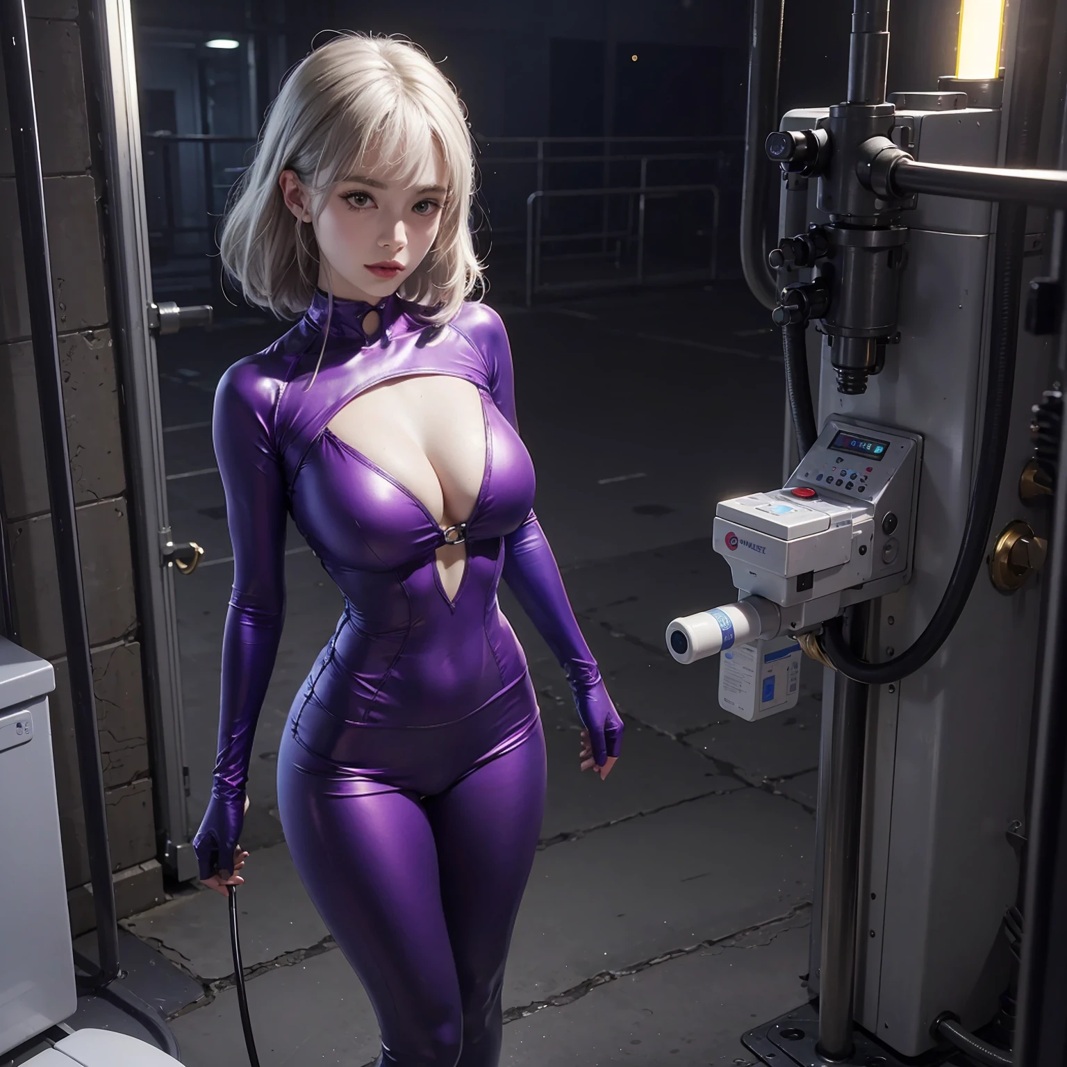 BrnWshM, Full body photography, (full body fixed restraint device, electric, cable, milking machine, injected chest), (masterpiece), (ultra-fine), clear, vivid, delicate face, best quality, (reality), 1 girl, 1, medium build, beautiful face, bright purple eyes, pointed nose, silver hair, wavy head, bangs, upper body, BrnWs hM, TOver, tight skin, tight clothes, mucus (substance), 1 girl, toilet,