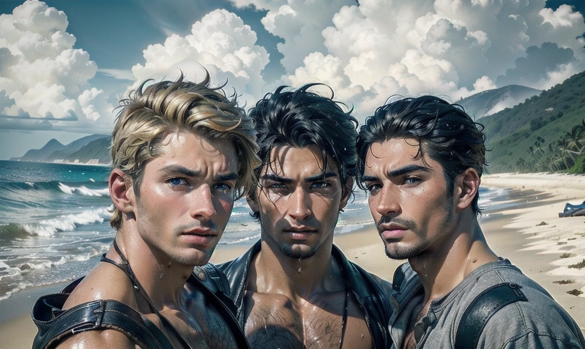 [((highly detailed, detailed eyes, detailed face, clear and realistic facial features, photorealistic, realistic light, cinematic, close up)), ((((3 men, each man looks unique, each man has a different natural hair color and different facial features and skin color)))), (((sexy male college-age jocks standing on the beach and looking angry or frustrated))), ((wearing weathered casual clothes)), ((wet)), ((beautiful deserted tropical island with a storm in background))]