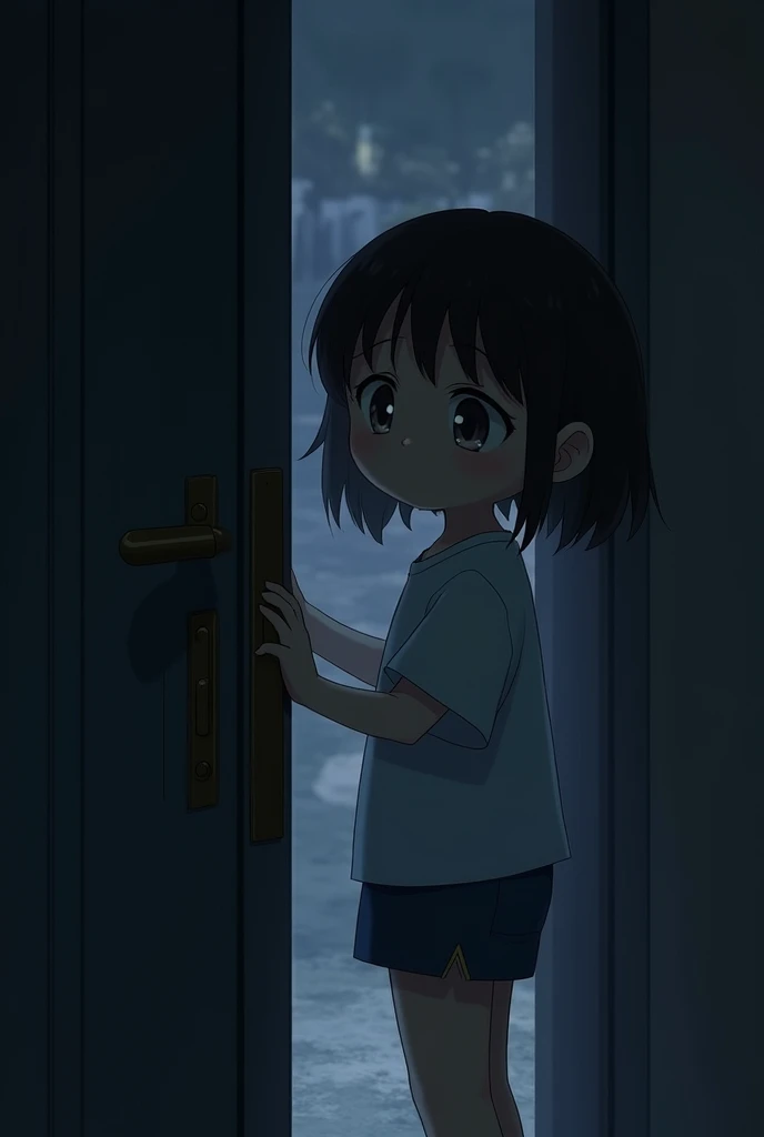 Opening the door after hearing the baby crying**:
- *Instructions*: A girl (Sumi) is standing next to the door opening the door. It is dark outside the door and nothing can be seen. The worry and fear is evident on the girl's face.