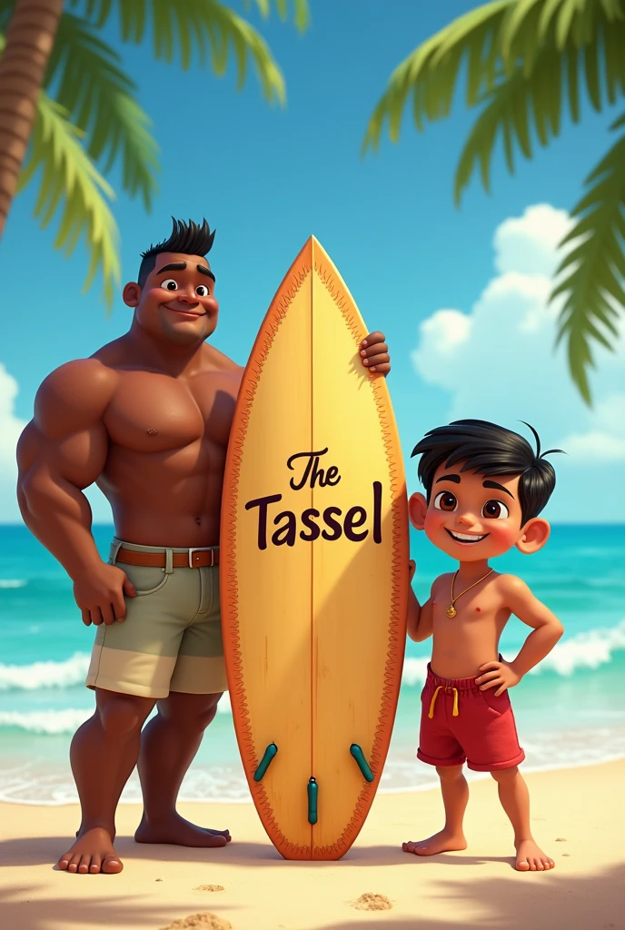 An image containing a dark-skinned male adult Disney character with very short hair, accompanied by a short adult male Disney character with Peruvian features with a surfboard containing the title: the tassel (in Disney letters)