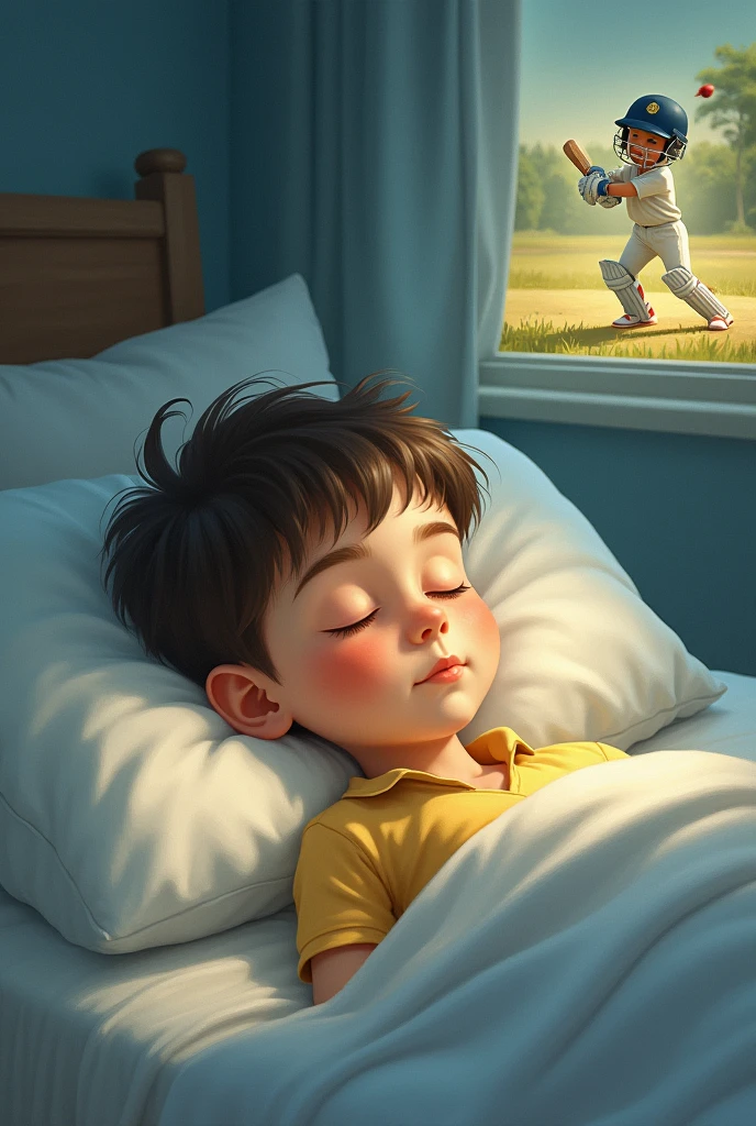 Creat a pic of a boy sleeping in bed with closed eyes seeing himself playing cricket in dream