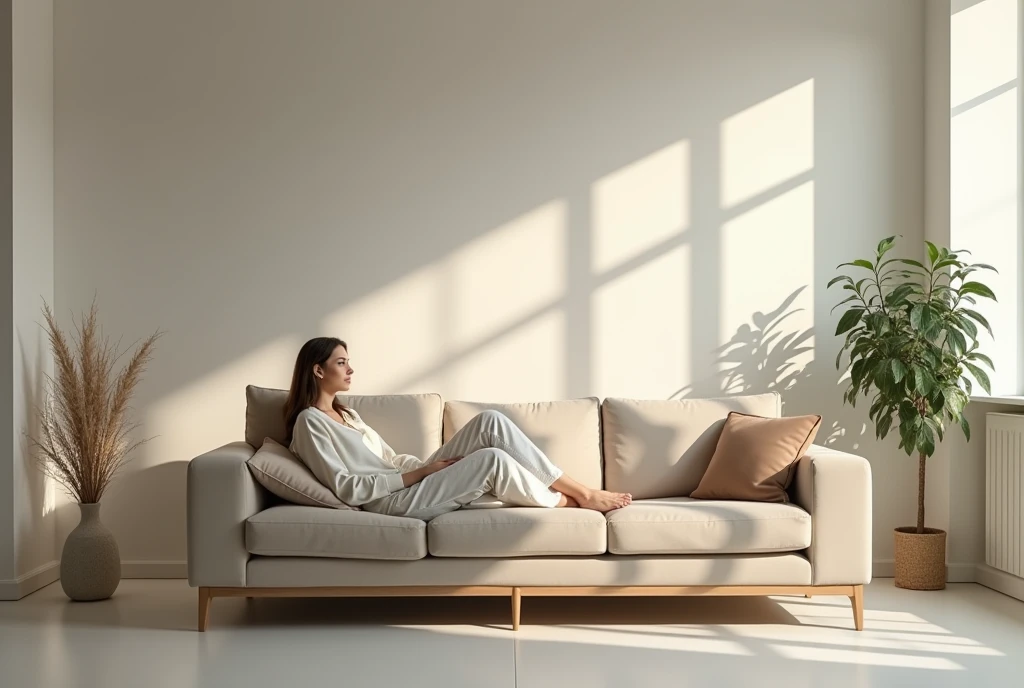 Sit on the sofa, in the simple indoor photoshoot studio,