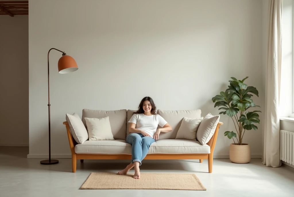 Sit on the sofa, in the simple indoor photoshoot studio,