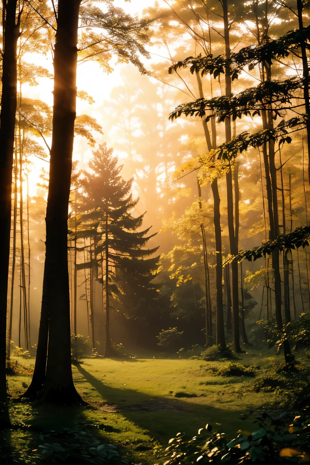 (Opening shot of a serene, misty forest at dusk. The camera pans across the treetops, showing the warm, golden light of the setting sun filtering through the leaves.)