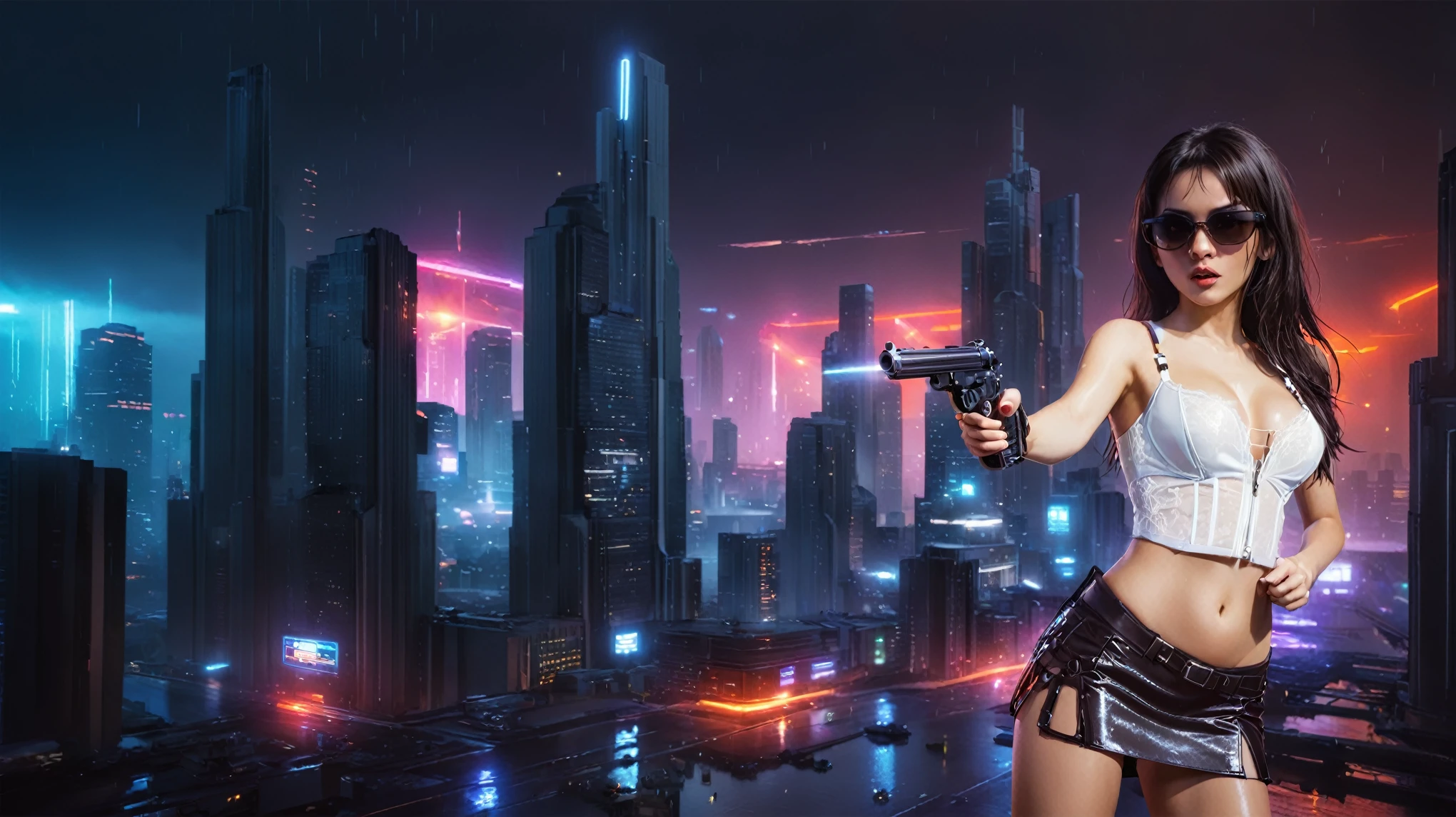 (aerial view), Blade Runner style futuristic city, flying cars, neon lights, rainy night. (1girl, solo, alone), large-breast:1.2 slim body, slim face, cleavage:1.1, sexy laced lingerie, very low angle view miniskirt, jacket, (black sunglasses), (holding a short gun), running pose, half-body thigh level medium shot, cinematic lighting, ray tracing.