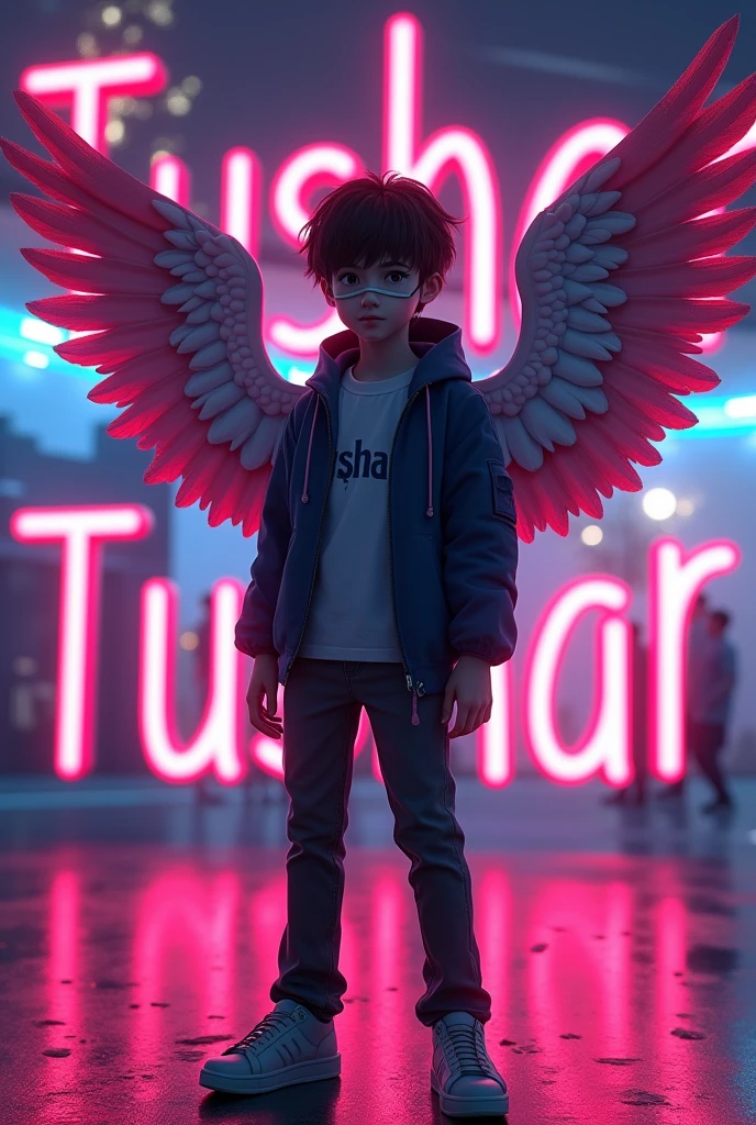 Tushar Text with neon lights and young handsome boy with mask and shoush
with nice looking standing down of Tushar letter with boy has big wings looks like Anime