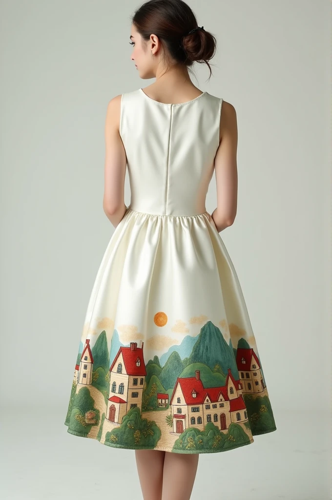 White frock dress for women with satin skirt having a painting of town like thing on bottom