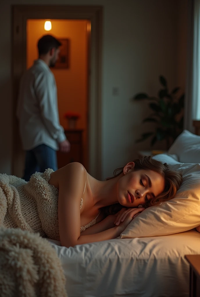 beautiful turkish girl, laying on bed in nighty, a man is standing near bed, another man is standing in the door of the room