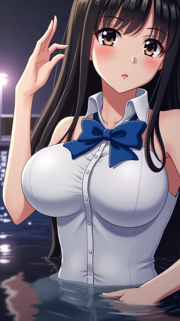 beautiful girl、Big Breasts、Swim topless、Long Hair、Japanese、Full Body Shot、anime、Image prompt faithfully、Background school night pool