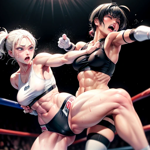 {she is Striking opponent's face by Knee striking, she is striking in succession｝, two {bloody｝beautiful young female heavyweight fighters are fighting by extreme bareknuckle boxing in the octagon fighting ring of underground arena with audience. A fierce exchange of dynamic punches. they are beating each other so hard. survival battle. whole body picture. they are covered in scars and bruises. they are damaged terribry. Short-cut black hair, out of breath, drooling from mouth, one eye is closed, exhausted, drenched in sweat. Erect nipples. open finger glove. Ragged white and pink lined sports bra, high leg panty, Stockings. armwarmers. small breasts, armwarmers. Whittled waistline, muscular, six-pack abs, very thick arms and thighs, super huge tits.