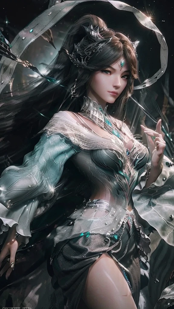 best quality,masterpiece,Ultra-high resolution,photoactual:4：0,black unicorn beast（Dragon head and tiger body）,shiny scales（1：0）,an oriental woman,Black single ponytail long hair shawl,Big breasts,Black dragon scale head style,Wear a black unicorn skirt,