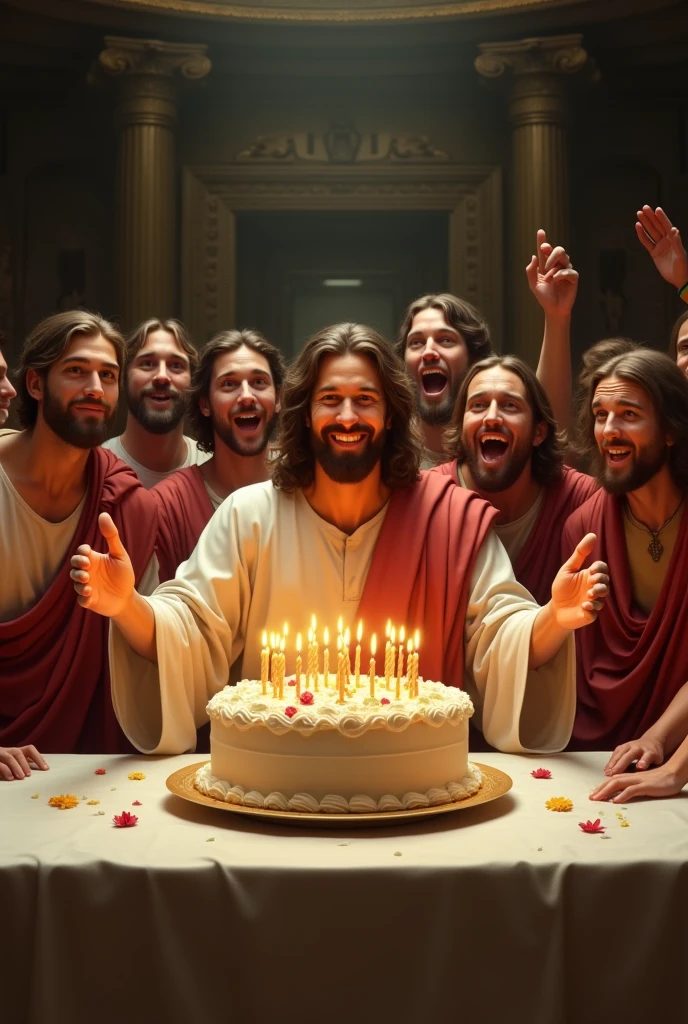 Selfie of a beautiful smiling Jesus showing the 12 apostles celebrating Jesus&#39; birthday in the image of the last supper taking a selfie and saying "Happy Birthday Jesus "