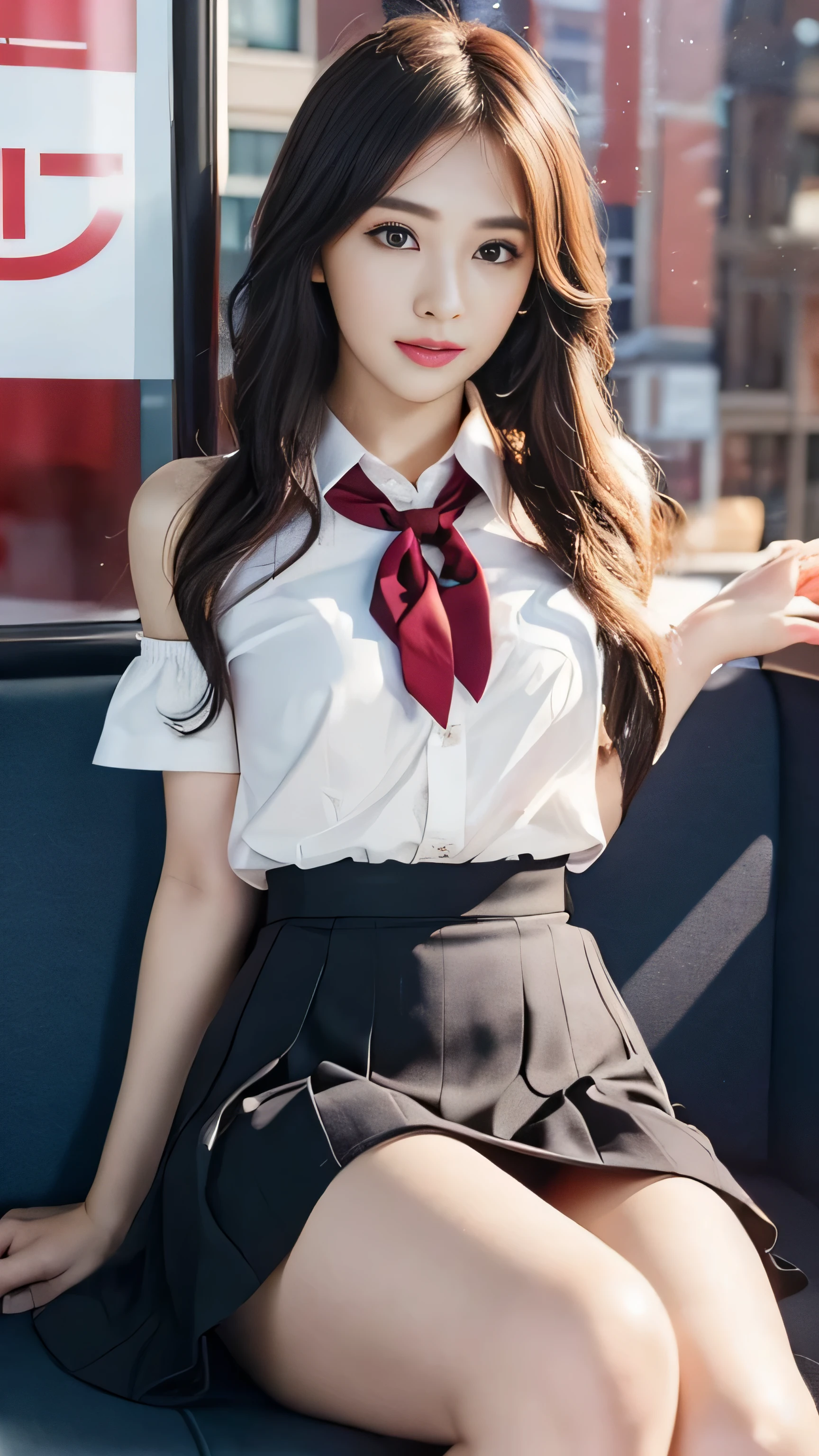 ((Sitting and dozing off on a crowded train、Cute Schoolgirl)).((Bow tie and white open-leg shirt（Off the shoulder）（Black tight skirt）wear： 1.5.)) 40k, photograph, masutepiece, Highest quality, , ((1. Gorgeous light hair with beautiful eyes. White skin、Many poses、mix4, (Best illustration:1.1), (Best Shadow:1. 1）、(K-Pop Idols)、(Pink Cheek)、(Wide eyes:1. 2)、(Slim legs)、Erotic、nffsw、High Detail Ambient Occlusion、Natural and harmonious composition、Fine art photography、Exposed crotch、Exposed underbelly、Highest quality、Mast Piece、Ultra high definition、(Photorealistic:1. 4), 生photograph, (Perfect figure), (slim:1.3), Slim abdomen, Perfect slim figure, 独奏, Deep Shadow, Inconspicuous, Cold light 12000K, The texture of the face and skin is very fine, Fine grain, Realistic eyes, Fine beautiful eyes, (Realistic Skin), Charm, Ultra-high resolution, ultra-realistic, Very fine,.Slim lower body