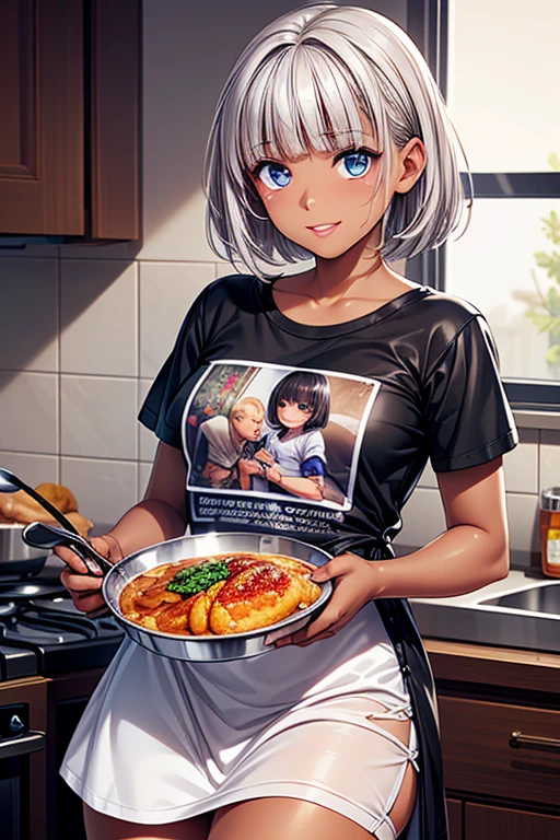 #Basic
A girl posing for a photo, (((One Girl))), (((Baby Face:1.4)) + ((cute:1.4)) + (())),
break
#Clothing Accessories
((Black printed knee length t-shirt dress:1.5)),
(Silver Necklace),
break
#Features
(Silver Hair:1.2)) + ((blunt bangs:1.5)) + ((short hair : Very short hair:1.4 + Hair that bounces out + Voluminous Hair)),
((Droopy eyes:1.4, Big eyes:1.2), blue eyes), (Small breasts:1.2), (中立的な顔のFeatures), (Tanned dark skin:1.4),
break
#background environment
((morning, morning日が射すキッチン)),
#Facial Expression Pose
((smile, Open your mouth:1.2)), ((Cooking food)),
#composition
((Angle from the front:1.2, Cowboy Shot)),
break
#Body parts elements
(Slim figure),
(Symmetrical facial features),
(Detailed Hair, Beautiful Hair, Shiny Hair),
(double eyelid, Long eyelashes, Thin eyebrows:0.5, Thin eyebrows:0.5),
(Expression of fine eyes, Beautiful and delicate eyes, Sparkling eyes, Eye Reflexes, Glitter Eyeliner),
(Human Ear),
(Beautiful Nose, Thin Nose),
(Glossy Lips, Beautiful Lips, Thick lips),
(Textured skin, Detailed skin, Textured skin, Beautiful Skin, Oily skin),
break
#quality
(((最高quality)), ((masterpiece:1.3)), ((Very detailed))), ((Ultra-high resolution)), ((16K)), ((1080P)), ((Full HD)),
((Anatomically correct)), ((Realistic)), (3DCG), ((Oil painting)),
((comics, anime)), (CG illustration), (RAW Photos),