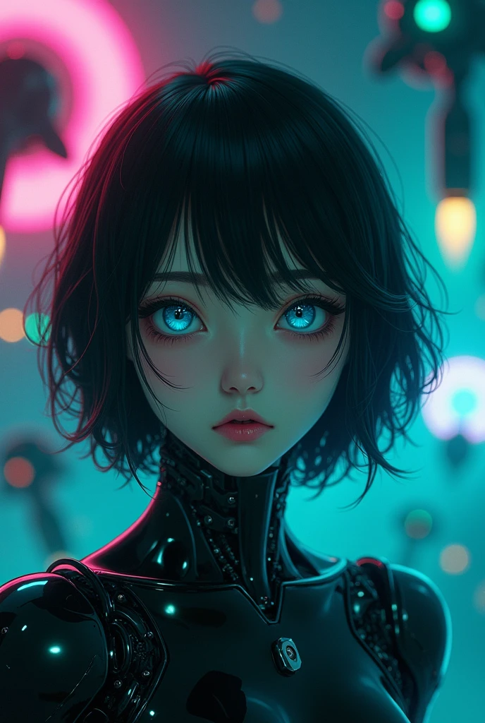 An asian woth big eyes black hair, robotic arms, face focused, with a rocketship background, blue and pink cyberpunkish colors, more anime like and presenting horror and dark environments, darker and more robotic background with 10 robot arms disconnected in the air at the background and horrifying, like an album cover. A foggy dark environment. Not so bright. Not so realistic. Neon blue neon pink neon green lights. Blue green eyes. 1×1 picture